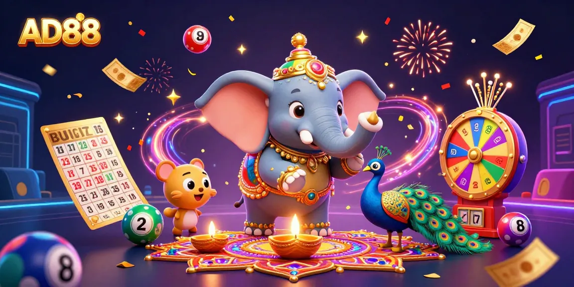 Experience thrilling wins at AD88 with vibrant lottery balls and festive characters in a rich casino scene.