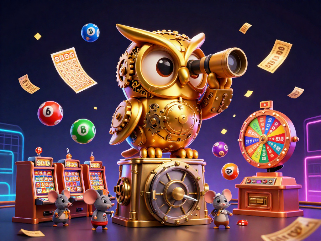 Iwin enthralls with a vibrant 3D casino scene featuring a golden owl, slot machines, and lottery balls.