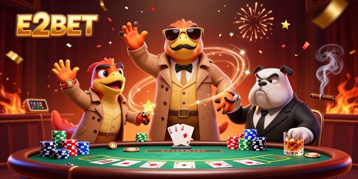 E2BET's vibrant 3D casino scene showcases raptors in disguise entering a VIP lounge.