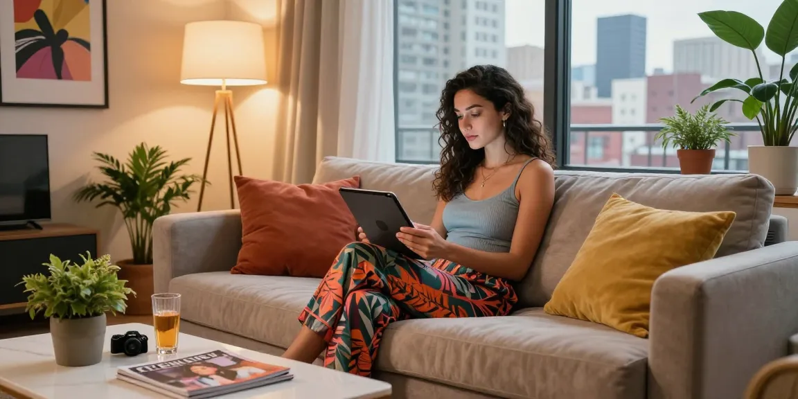 Stylish woman browsing for call girls services in a chic urban living room.