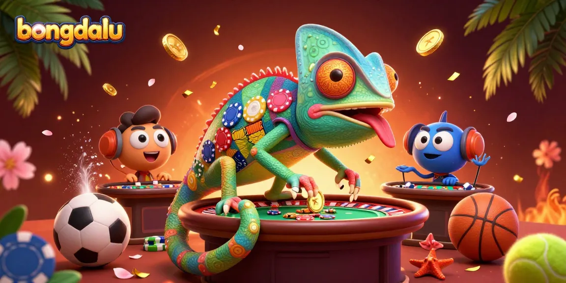 Bongdalu sports betting chameleon with colorful poker chips catching golden coins in a vibrant casino scene.