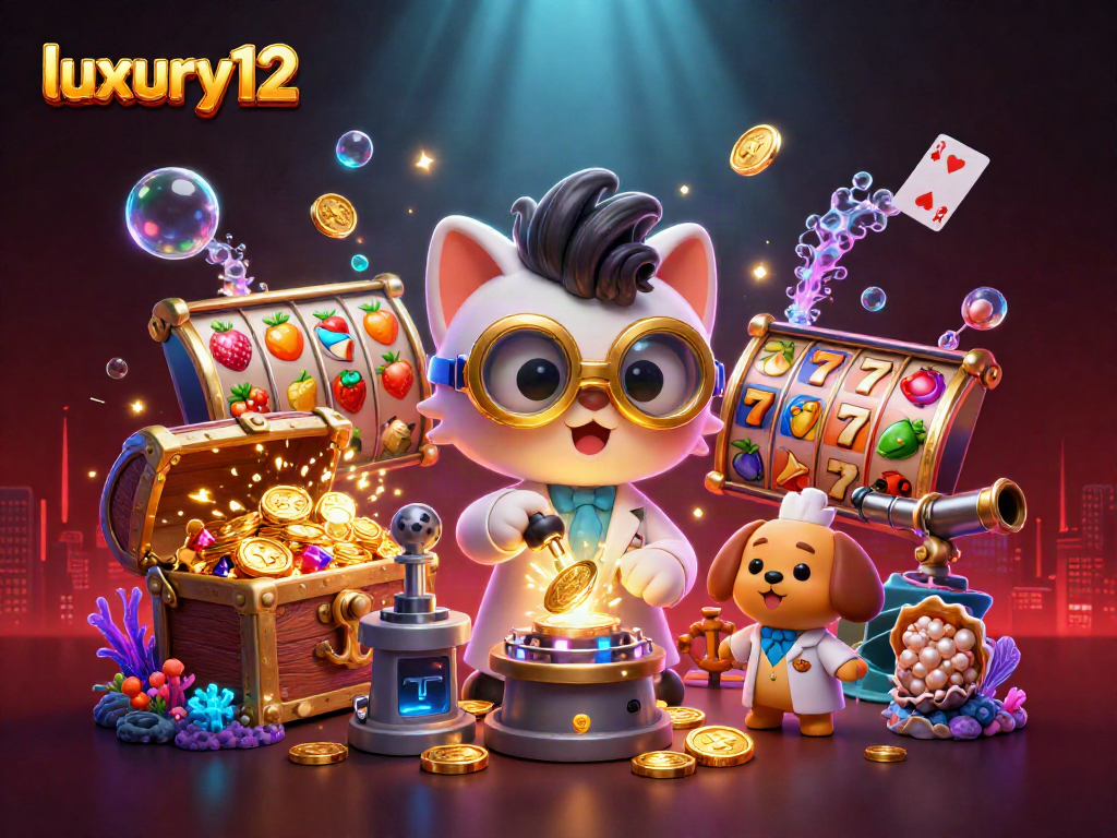 bermain slot di luxury12 dengan mesin pencetak koin emas dan karakter lucu di laboratorium