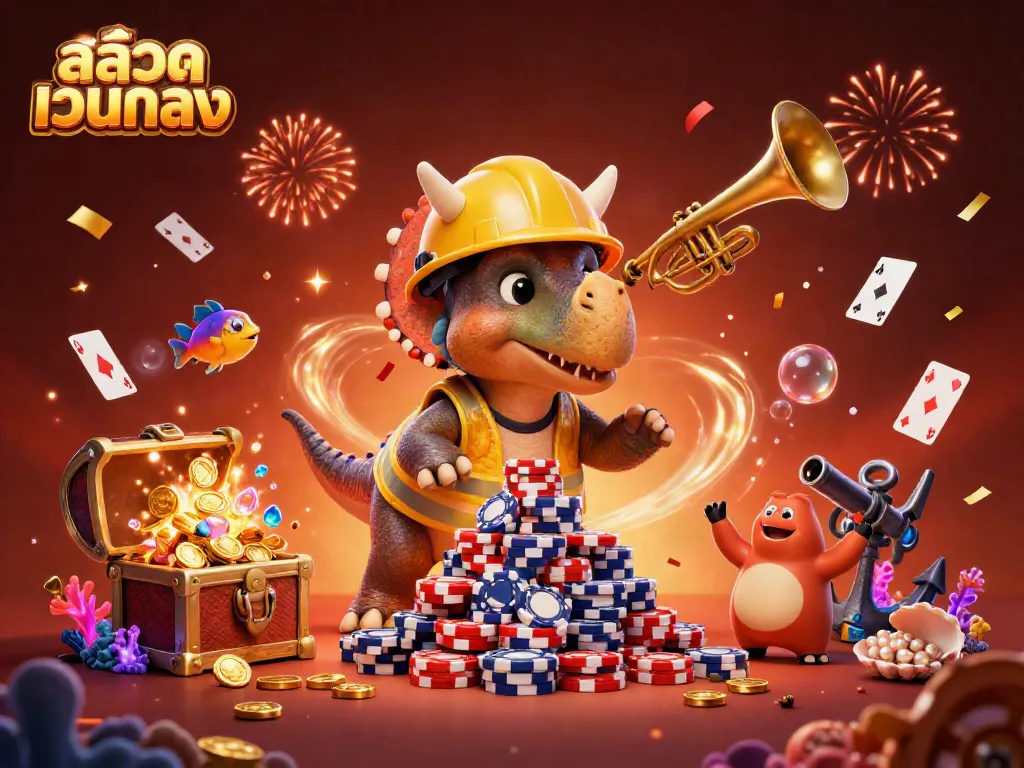 Engage with exciting สล็อตเว็บตรง action featuring lively cartoon dinosaurs celebrating with poker chips and colorful gems.