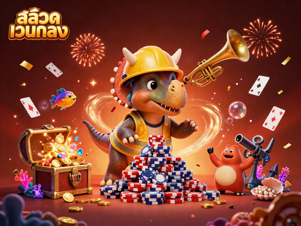 Engage with exciting สล็อตเว็บตรง action featuring lively cartoon dinosaurs celebrating with poker chips and colorful gems.