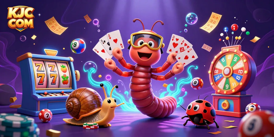Play thrilling games at KJC COM with a whimsical illustration of a millipede dealer and exciting slot elements.