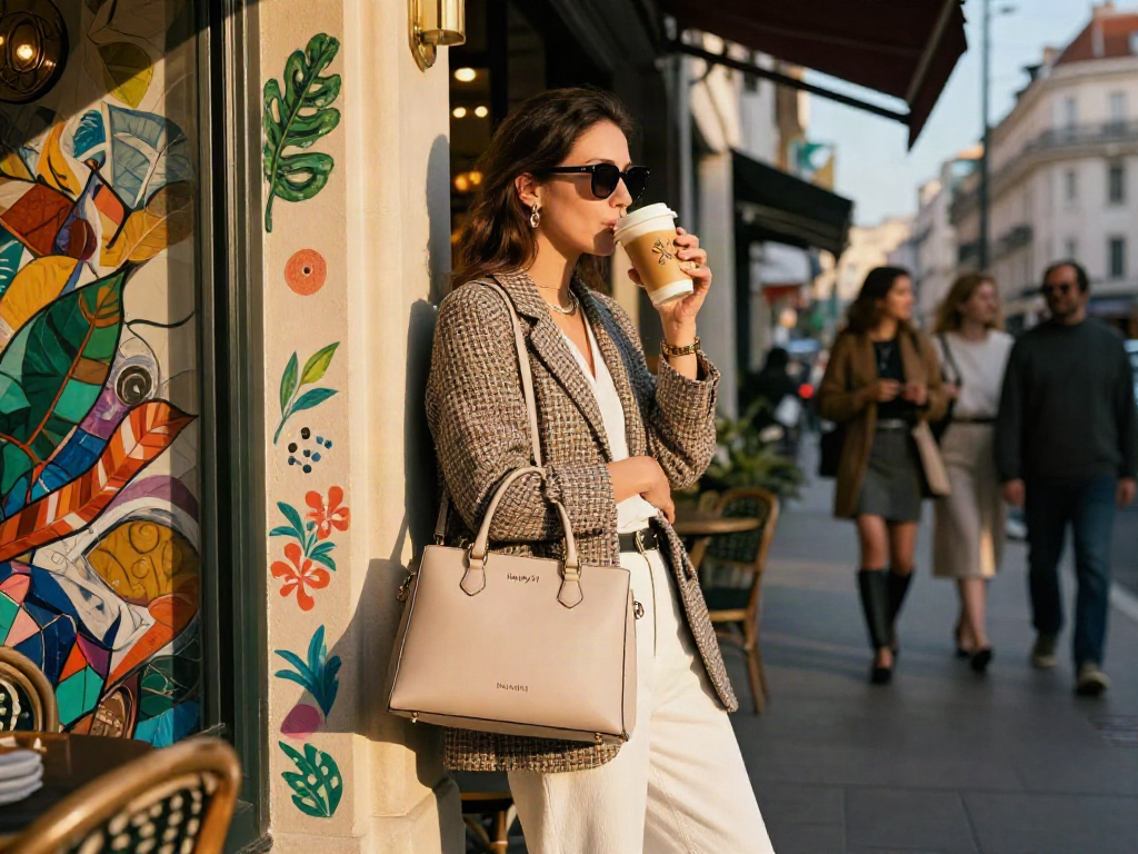 Penampilan stylish dengan tas mewah "luxury111" di kafe urban yang trendi