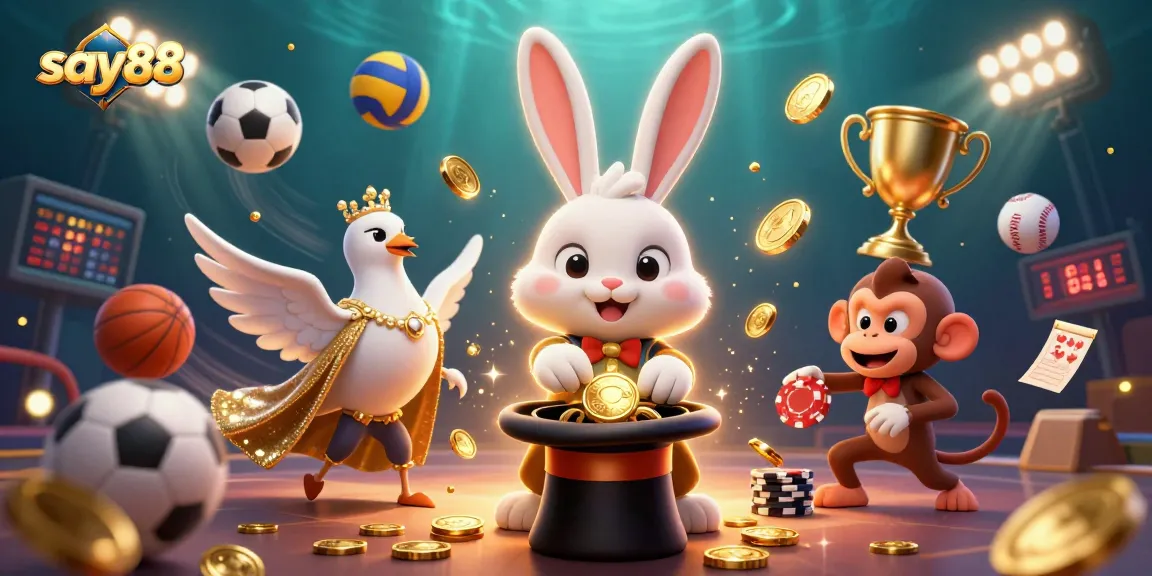 Say88 brings excitement as a magician rabbit pulls coins, amidst vibrant casino elements in a dynamic scene.