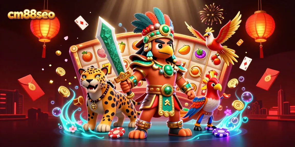 Engage with cm88seo's thrilling slot games featuring playful 3D characters and dynamic elements in a vibrant casino atmosphere.