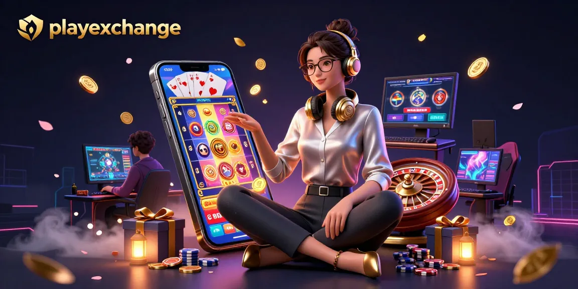Playexchange showcases thrilling casino action with a professional gamer amidst vibrant gaming elements.