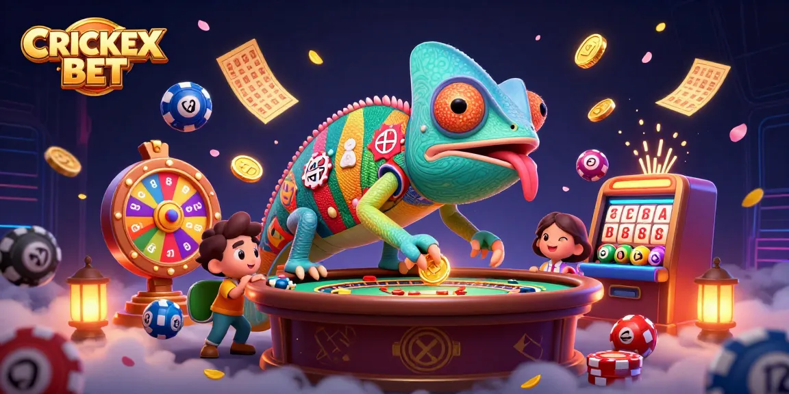 Engage in CRICKEX BET with the vibrant scene of a chameleon casino owner snapping up coins amidst lottery balls.