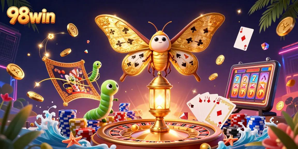 Experience thrilling gaming at 98win with vibrant 3D casino illustration featuring captivating elements.