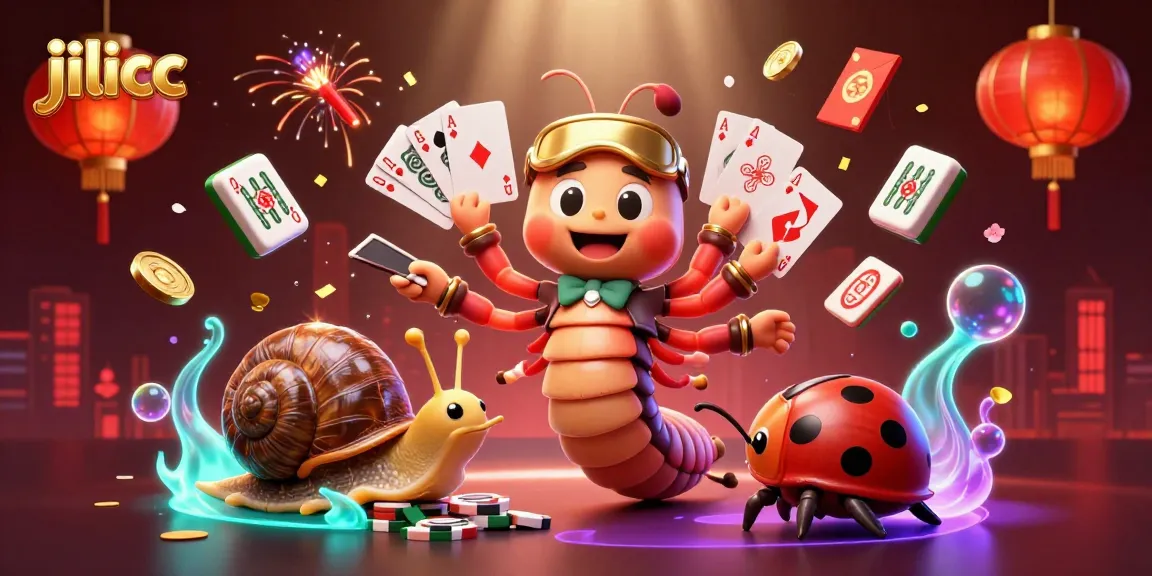 Experience thrilling action with jilicc as the millipede dealer showcases unique playing cards in a vibrant casino scene.