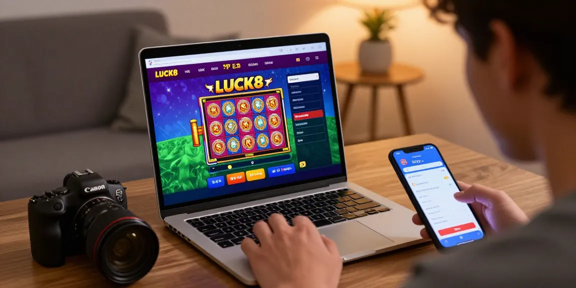 LUCK8 online casino interface displayed on a laptop with vibrant graphics, showcasing user engagement and excitement in a cozy home atmosphere.