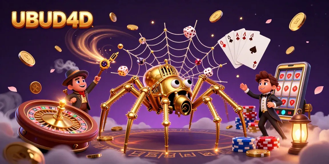 Experience UBUD4D with 3D cartoon spider capturing dice while enticing players with golden coins.