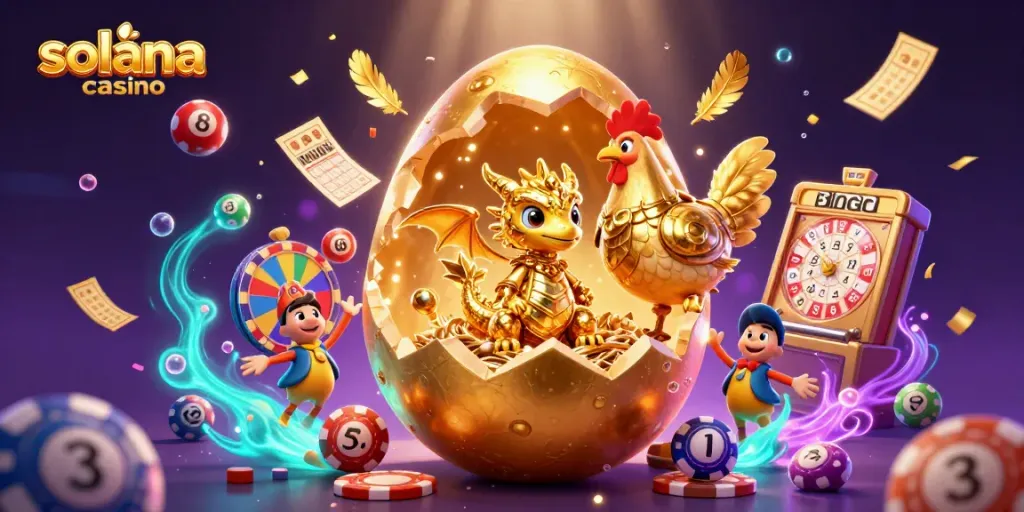 Witness the exciting solana casino scene with a golden dragon, poker chips, and vibrant game elements.