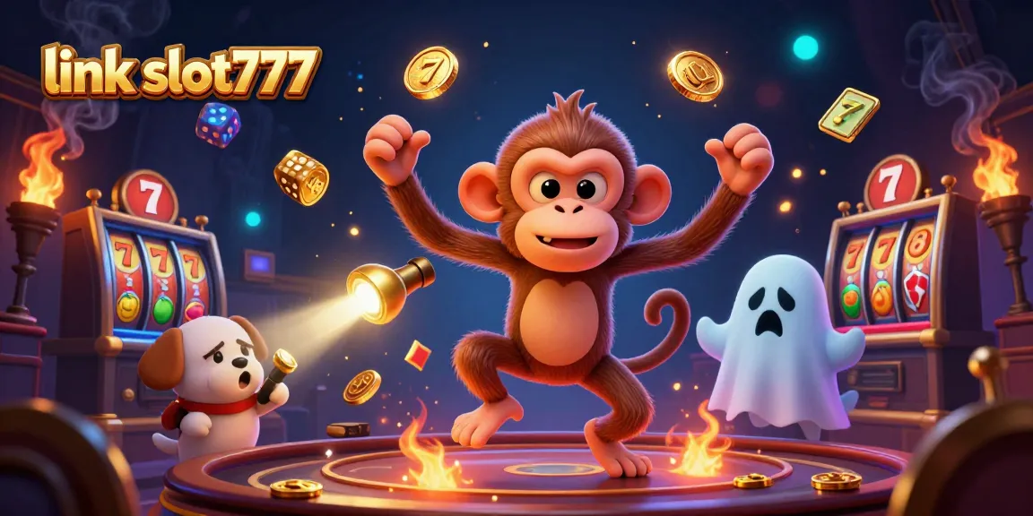 Engage with link slot777 for an exciting moment of a playful poltergeist monkey juggling golden rewards in a haunted casino.