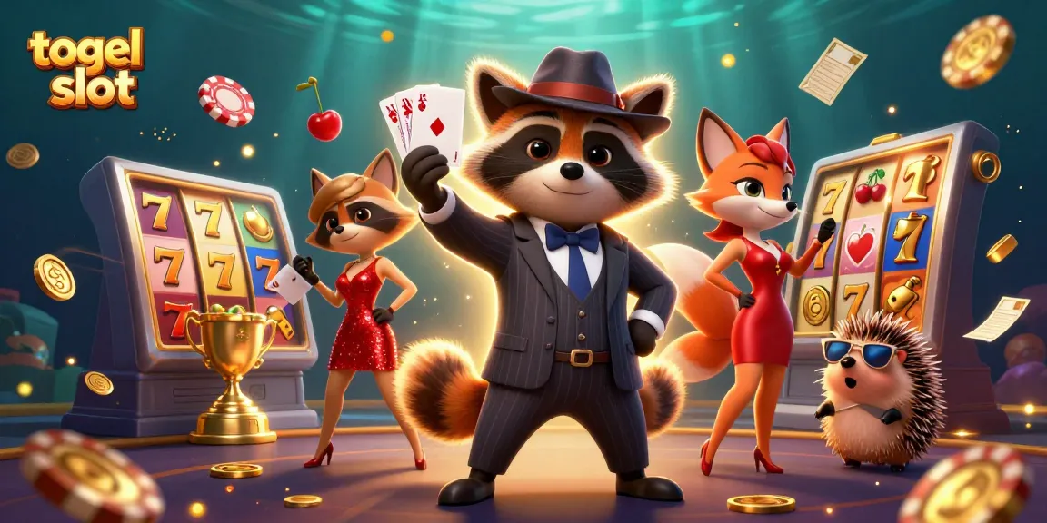 Experience the excitement of togel slot with a raccoon holding a royal flush in a dazzling casino scene.