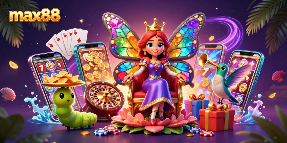 Engage with max88's enchanting casino experience featuring a butterfly queen amidst vibrant games and treasures.