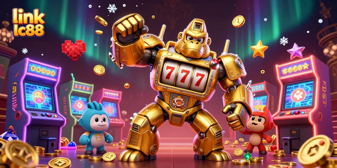 Experience thrilling wins with link lc88, featuring a golden gorilla mech and vibrant casino elements.