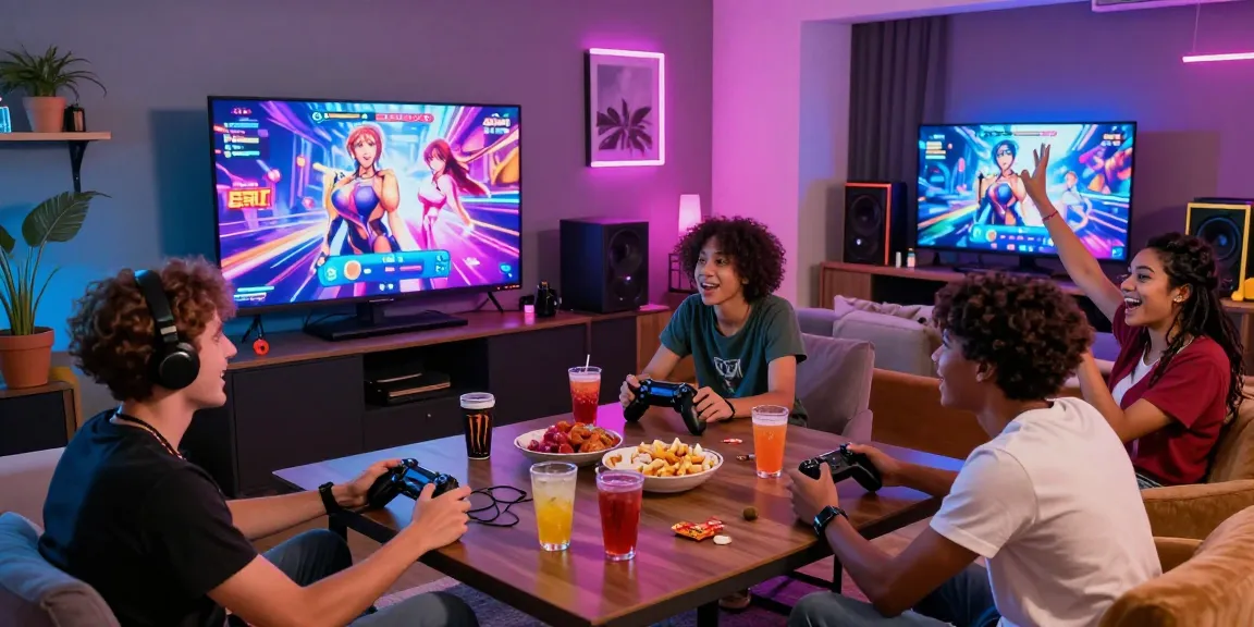 Friends enjoying exciting hentai games in a vibrant gaming lounge, showcasing joyful engagement and modern decor.