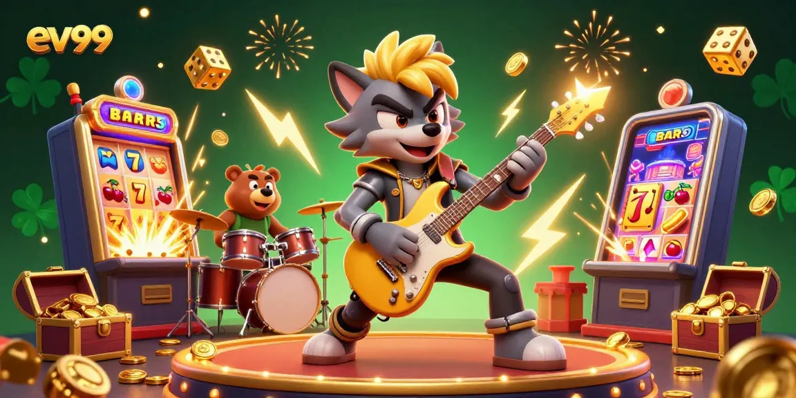 Spin the reels at ev99 with exciting gaming action featuring a dynamic scene of a rock star wolf and a drummer bear.