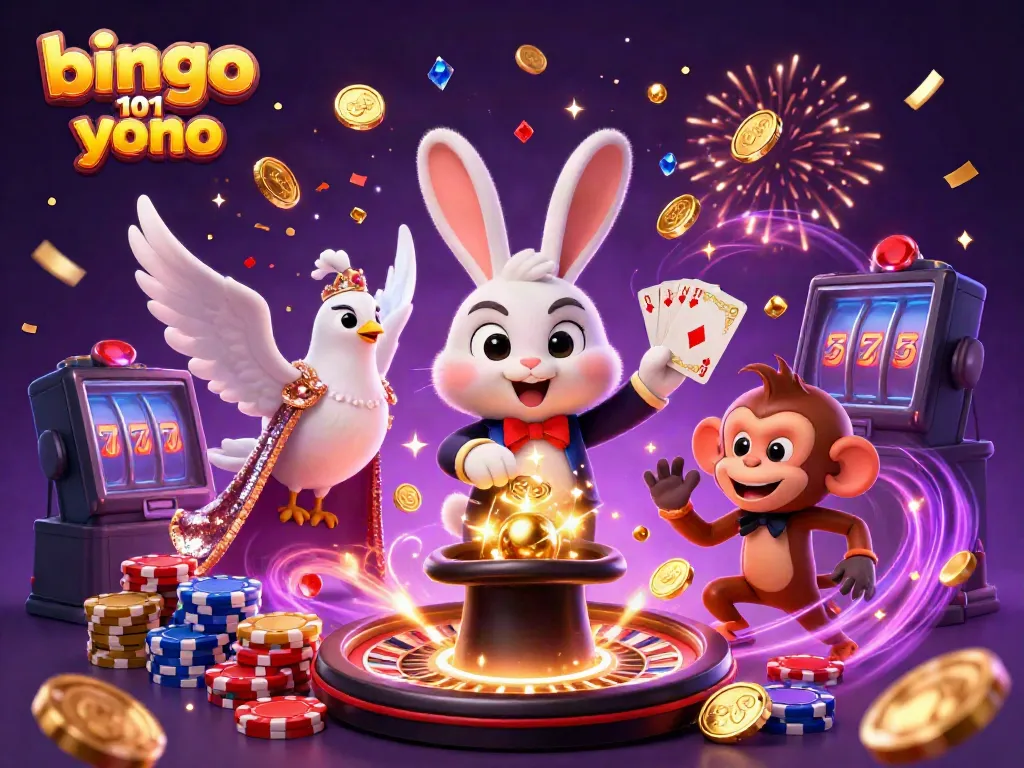 Gambaran karakter menarik dalam bingkai yang dikhususkan untuk bingo 101 yono dengan koin emas dan keberuntungan.