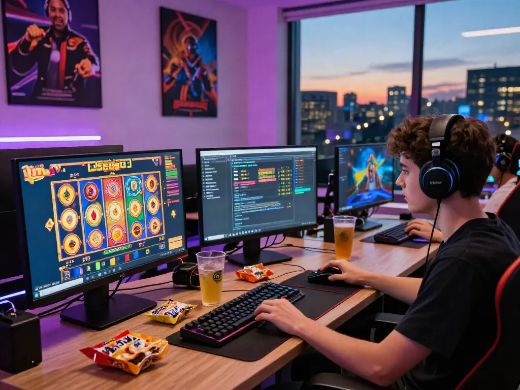 Young adult playing slot gacor maxwin on a gaming setup with vibrant screens and snacks in an immersive environment.