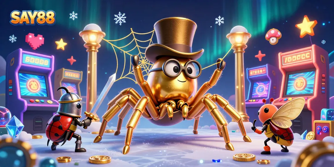 SAY88 engages players with a golden tarantula weaving its web in a vibrant casino scene.