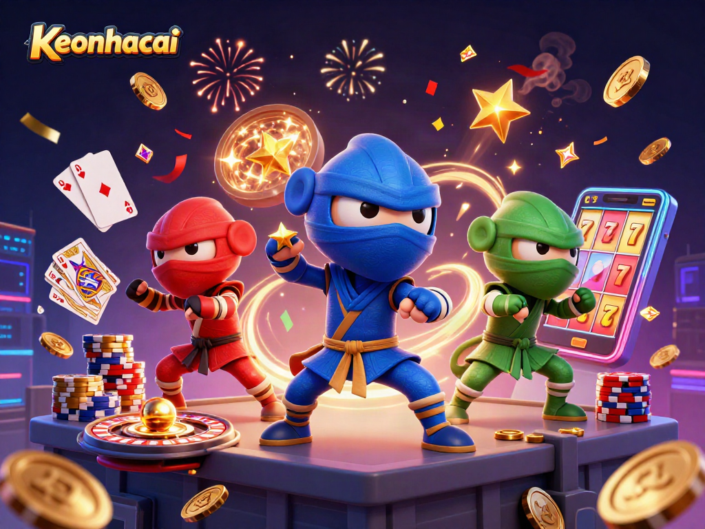 Experience keonhacai with a dynamic 3D scene featuring vibrant casino elements and synchronized chameleons.