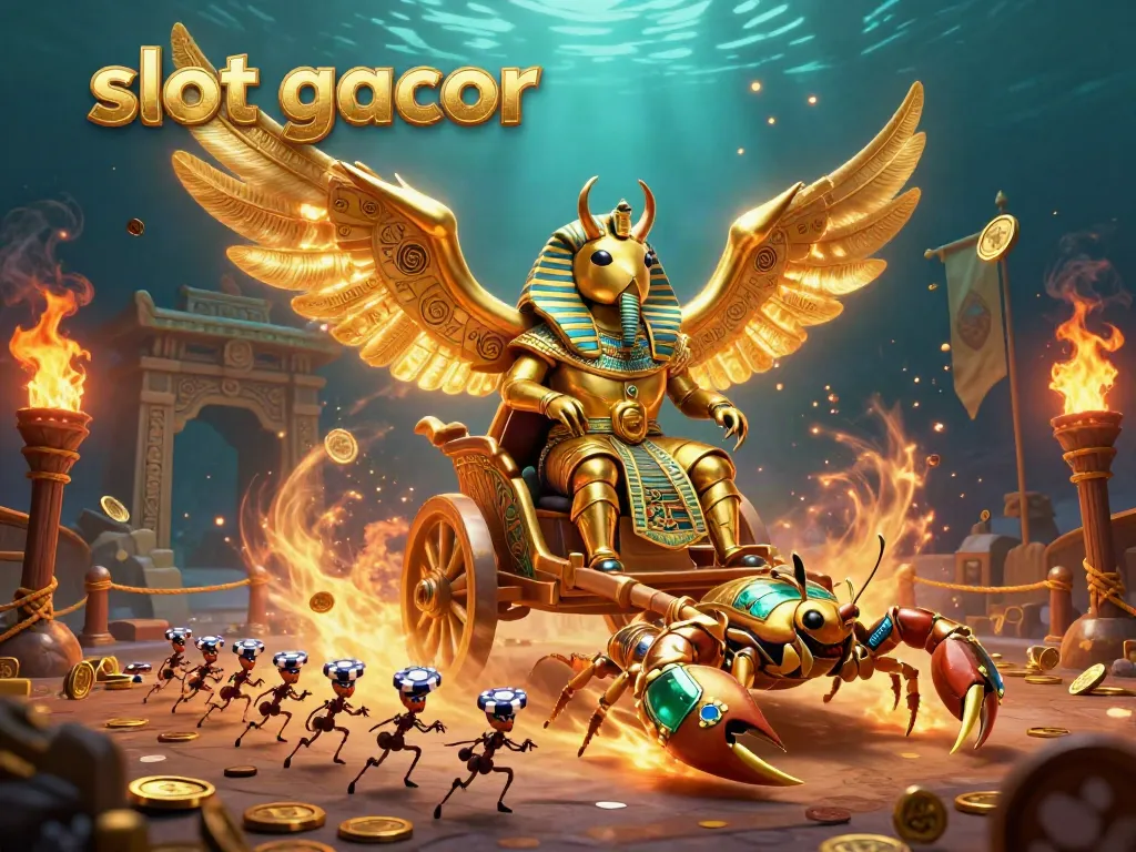 Engage with the electrifying slot gacor scene featuring a colossal golden scarab beetle and jeweled scorpions.