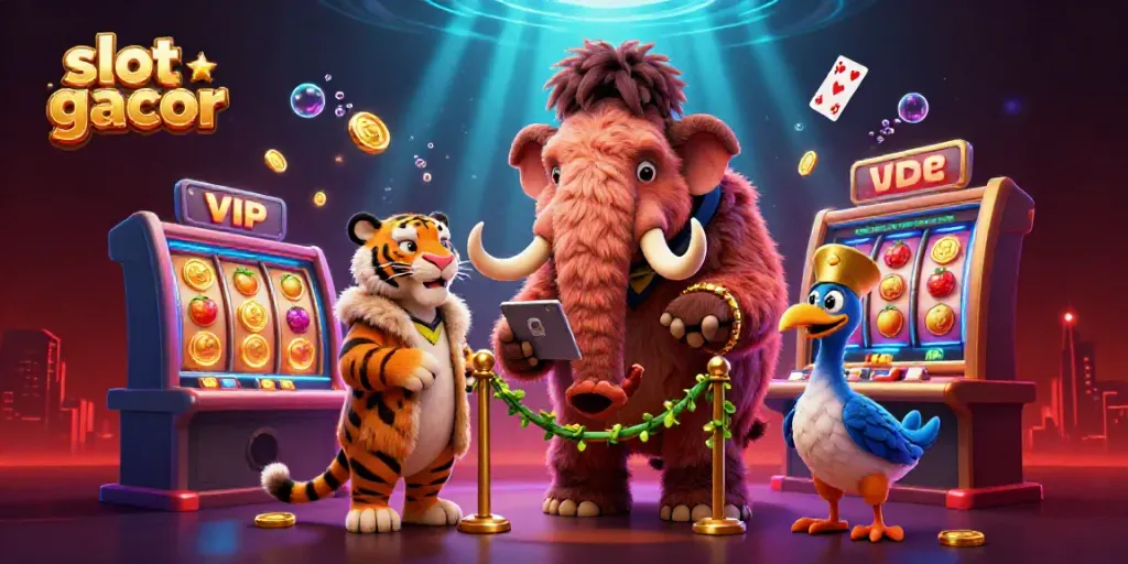 Memperlihatkan slot gacor, mammoth bouncer kasino, dan Tiger VIP dalam skenario ceria.