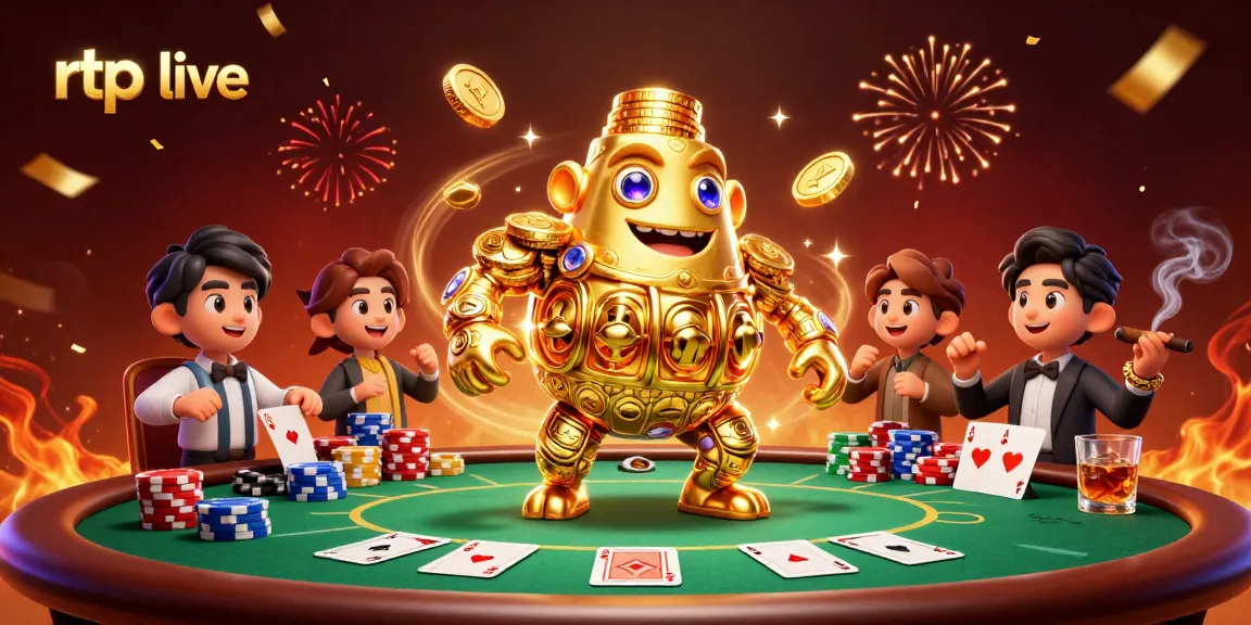 Engaging rtp live scene showcasing a golden golem and poker elements with vibrant casino energy.