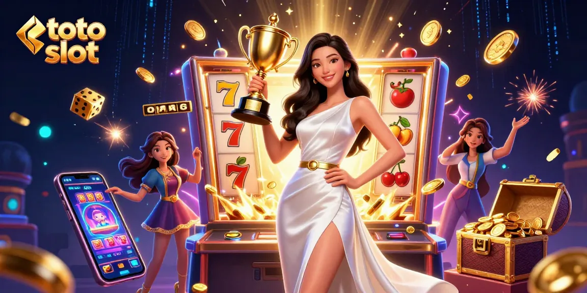Experience thrilling toto slot action featuring a confident Asian woman celebrating with a trophy amidst vibrant casino elements.