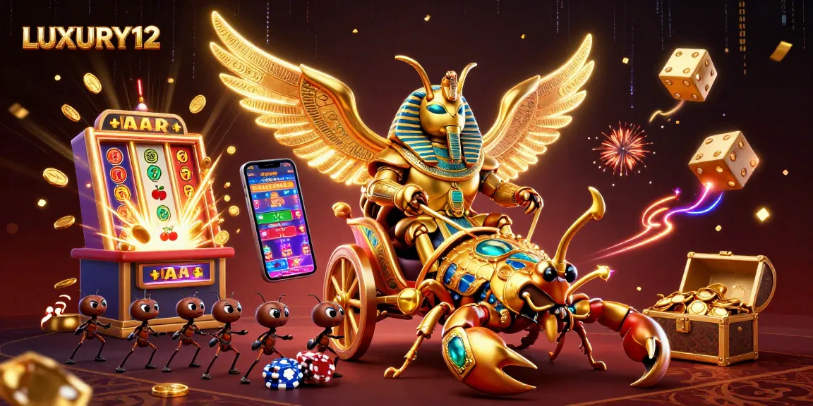 Play slots with LUXURY12 as a colossal golden scarab beetle offers a jackpot explosion of coins.