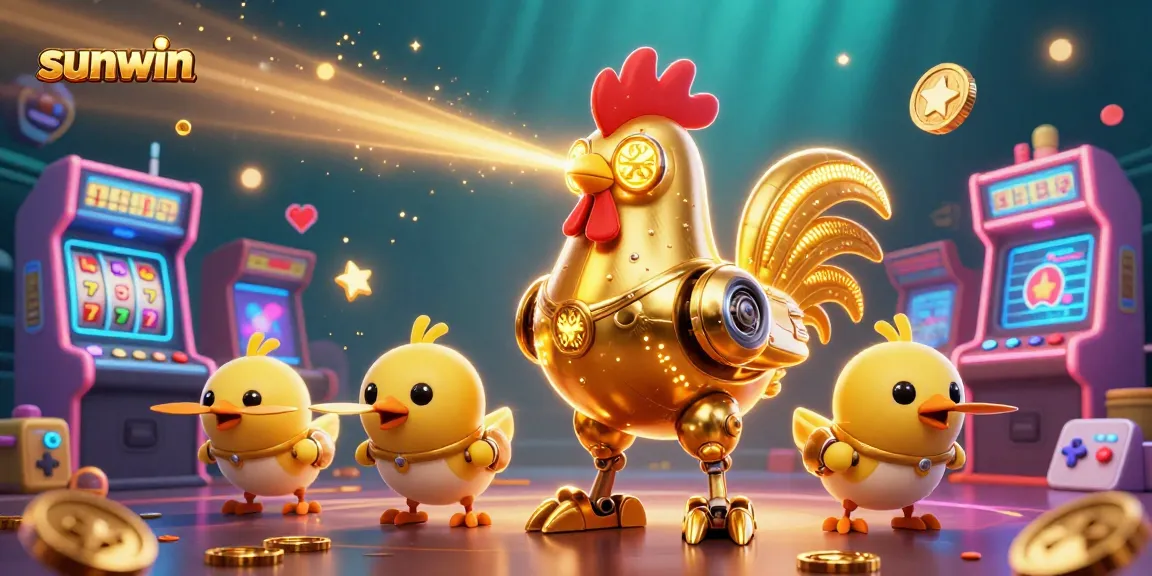 Experience sunwin's exciting games with a vibrant cartoon scene featuring our golden mascot in a dynamic casino atmosphere.