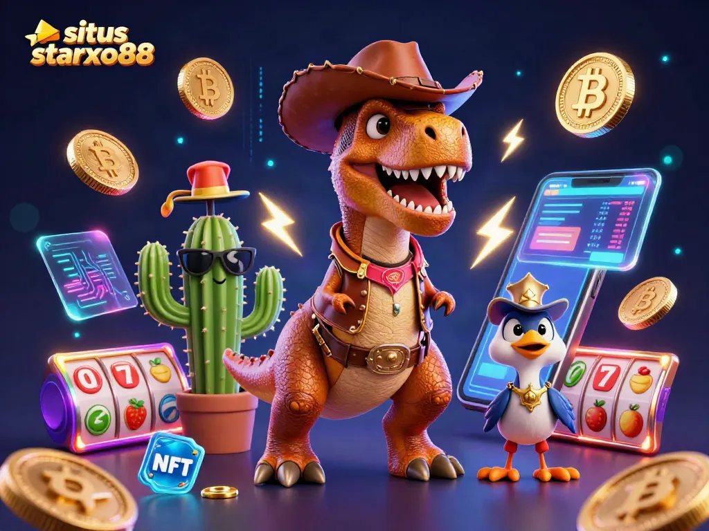 Engage in thrilling gaming action with situs starxo88 featuring a cowboy dinosaur amidst vibrant casino elements.