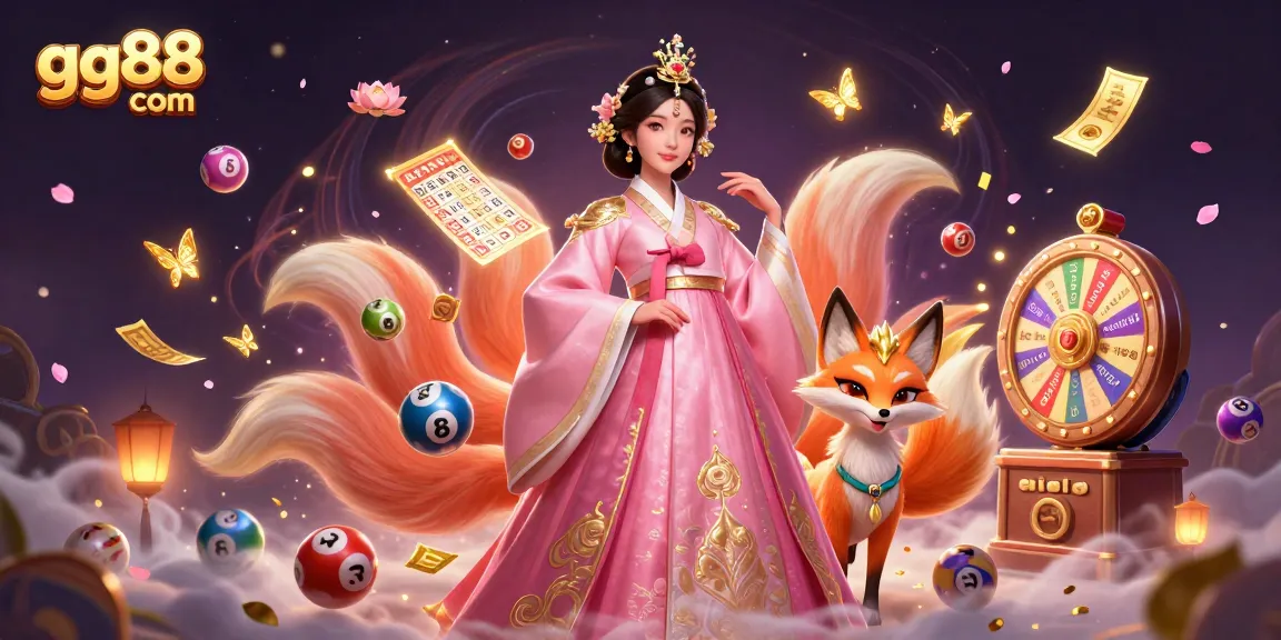 Experience the thrill of gg88 com with vibrant lottery balls and a graceful Asian woman amidst a colorful casino scene.