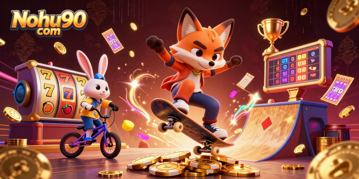 Nohu90 com showcases a thrilling scene with a cartoon fox and rabbit performing jackpot tricks among slot machines and golden coins.