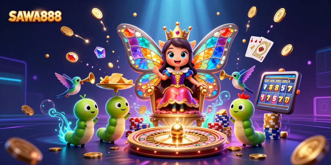 Experience the enchanting world of SAWA888 with a vibrant butterfly queen in a rich casino-themed scene.