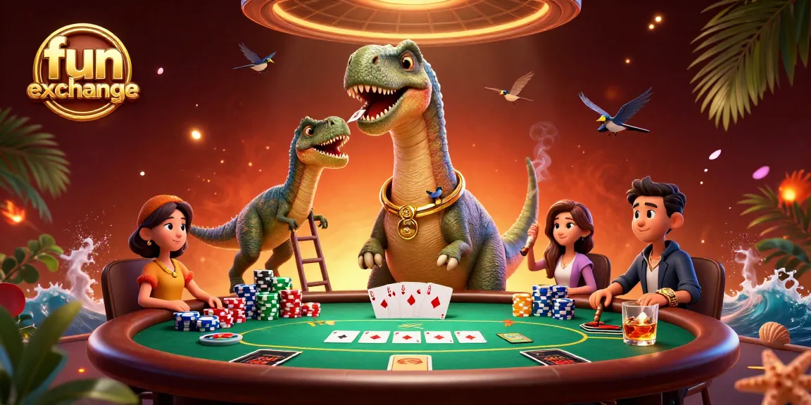 Experience fun exchange with a giant brontosaurus overlooking an energetic poker game.