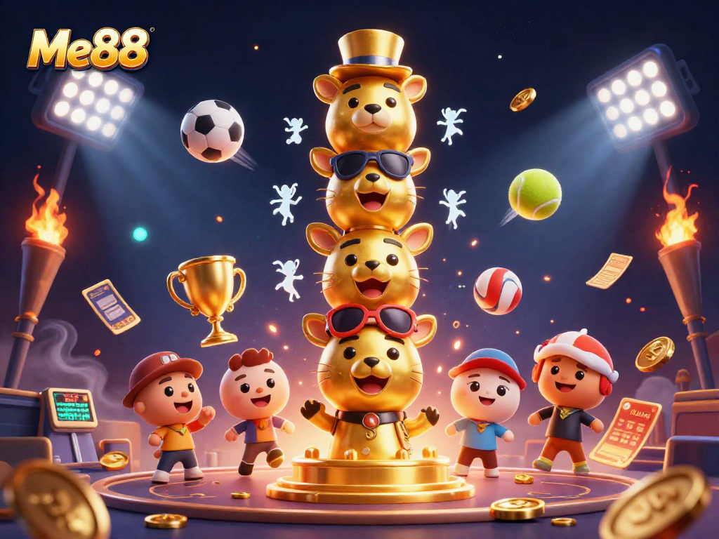 Experience Me88's dynamic casino action with vibrant sports elements and a golden totem.