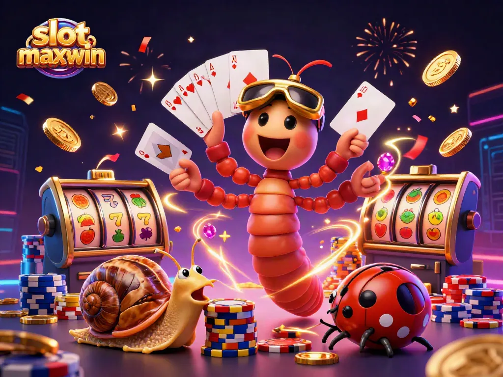 Experience slot maxwin excitement with a thrilling casino scene featuring vibrant characters and colorful game elements.