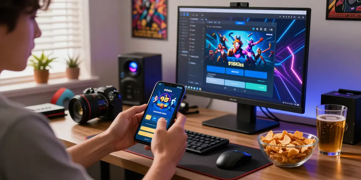 Engaged user performing 918Kiss download on mobile devices in a vibrant gaming setup.