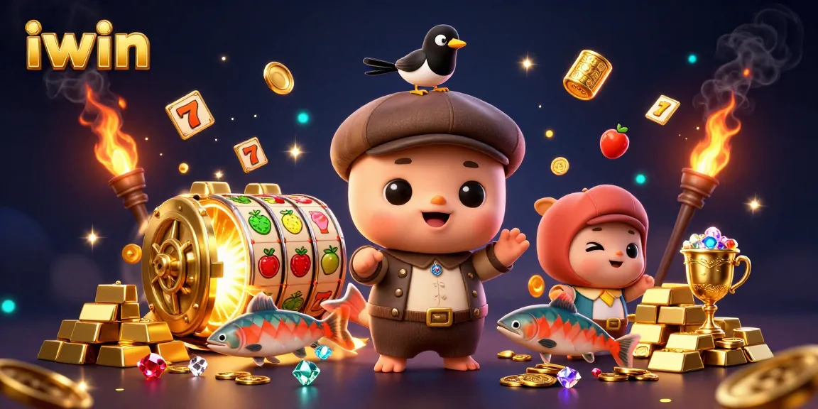 Engage in iwin slot games with adorable characters amidst treasure and jackpot symbols.