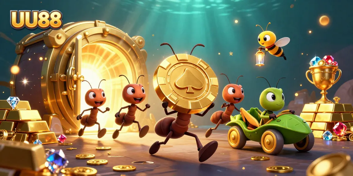 Experience the excitement of UU88 with playful ants executing a heist in a vibrant casino scene.