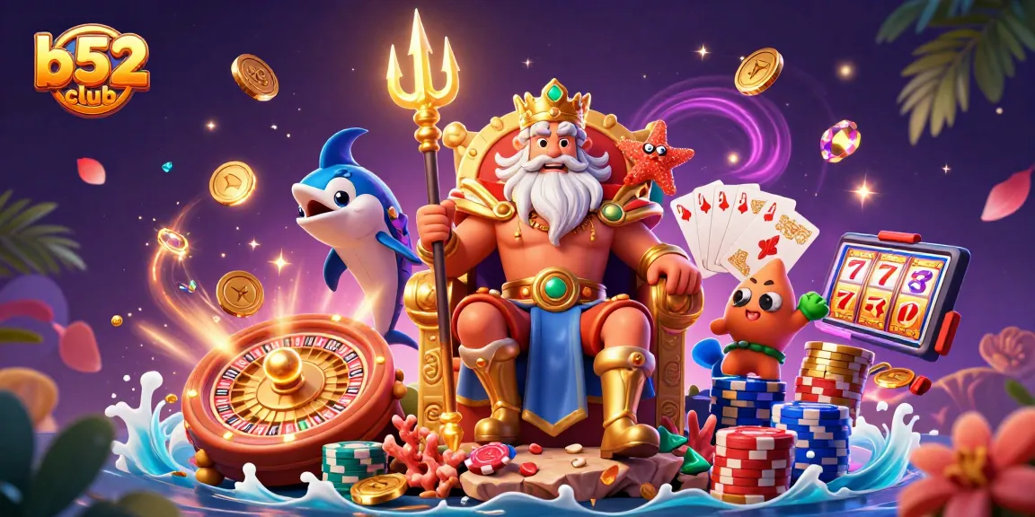 Spin the reels and win at b52club, featuring 3D Neptune and vibrant casino elements.