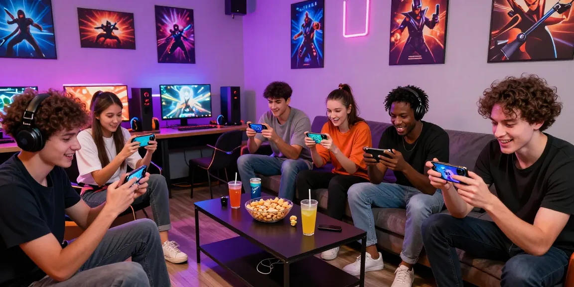 Friends enjoying Android games in a vibrant gaming lounge with bright lights and lively atmosphere