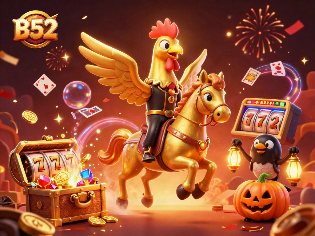 Engage with B52 Casino's vibrant scene featuring a golden rooster, winning slots, and festive elements.