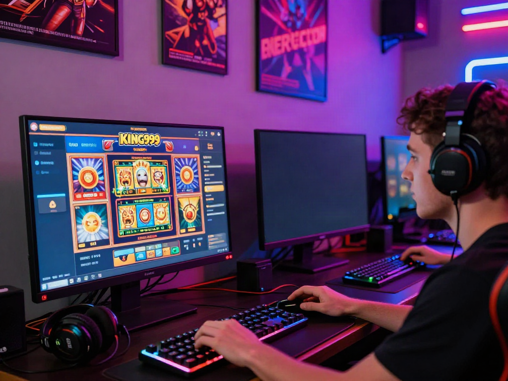 Player enjoying KING999 slot games with vibrant gaming setup and accessories.
