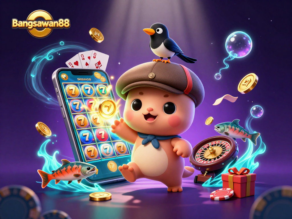 Bangsawan88 showcases a vibrant casino-themed scene featuring a playful Nessie and dynamic gaming elements.